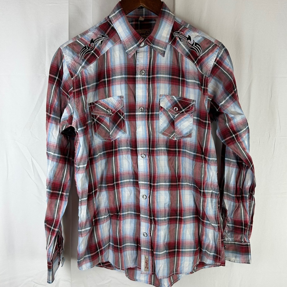 Rafter C Western Snap Shirt Kids XXL Red Blue Plaid Guacho Cowboy‎ Long Sleeve